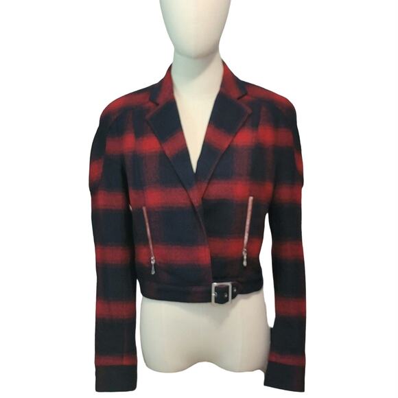 Bebe Plaid Buffalo Check Print Moto Jacket Red Navy Blue Short Crop Size 6 - Picture 12 of 16